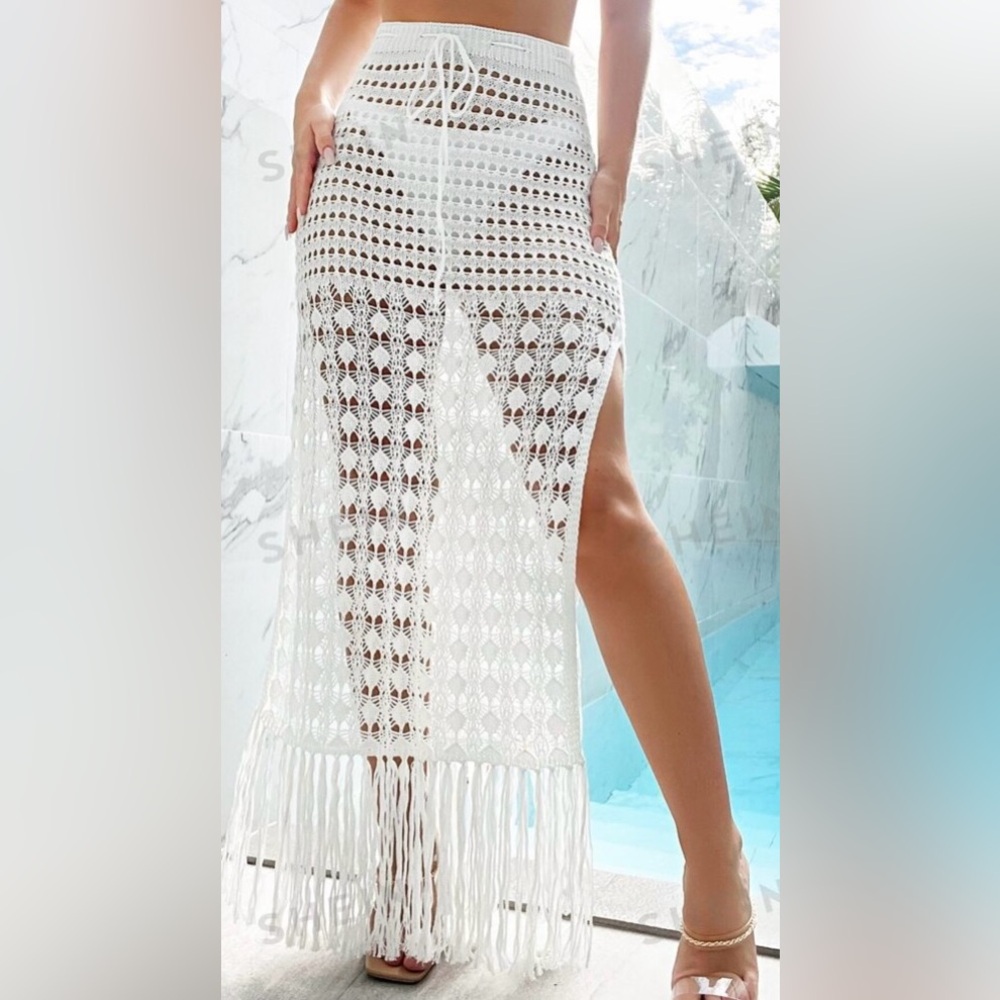SHEIN White Fringe Maxi Skirt Bikini Coverup Size Medium NWOT!!!